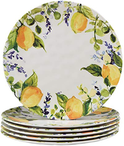 Lemon Zest Melamine Dinner Plates Set of 6 – Unbreakable Outdoor Plates for Patio Dining, Garden Parties, BBQs, RV Camping, Farmhouse Kitchen, and Everyday Family Meals