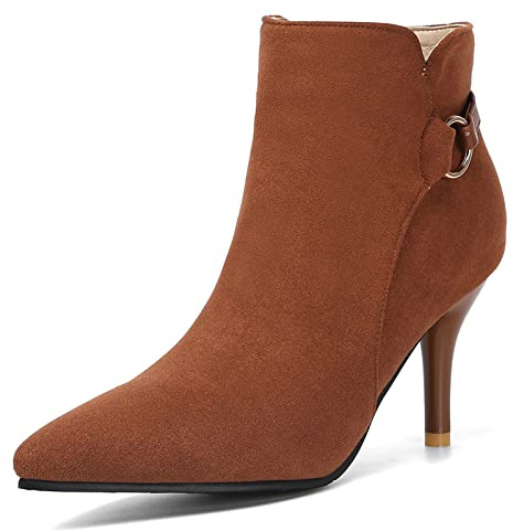 Viéctaa Bottines Femme Hiver Talon Haut Aiguille Sexy Bout Pointu Zip Effet Daim Soirée Chaussures Low Boots - Marron Velours Imprimé 38