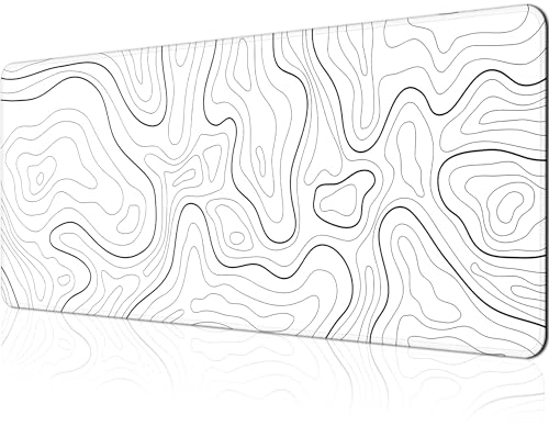 Grande tappetino per mouse da gaming, XL, con mappa topografica minimalista, tappetino per scrivania, lungo 80 x 30 cm, grande, bianco, impermeabile, con base antiscivolo e bordi cuciti per computer