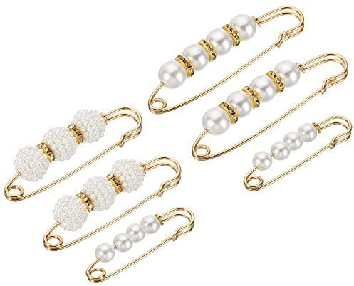 sourcing map Pearl Brooch Pins 6 Styles 1.5/2.3/3 Inch Metal Faux Pearl Decorative Collar Safety Pins Clips for Women Clothing Dress Pants Trousers Skirt Waist, White, 6pcs