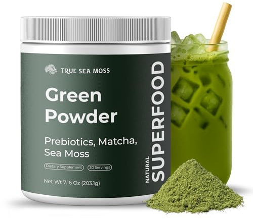 TrueSeaMoss Super Greens Powder with Matcha for Digestive & Gut Health – 25 Superfoods with Probiotics, Prebiotics, Enzymes & Sea Moss – Vegan Superfood Powder for Bloating & Regularity - 30 Servings
