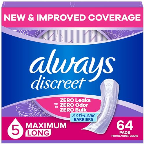 Always Discreet Adult Incontinence Pads for Women, Drier, 5 Drop Long Length, Heavy Absorbency, Pads for Bladder Control Management, Bladder Leaks, & Postpartum Pads, 64ct