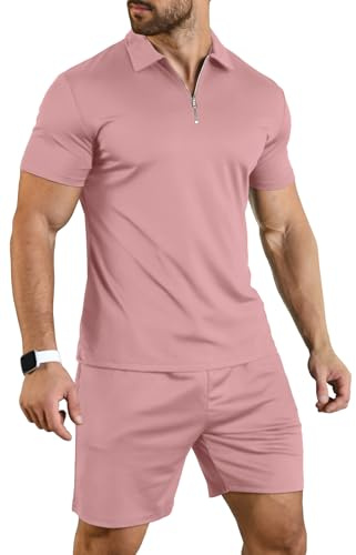 KUYIGO Men's Polo Shirt Shorts 2 Piece Set Summer Casual S Pink