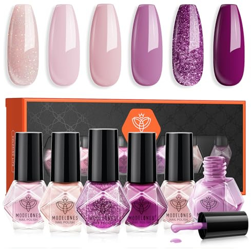 MODELONES Vernis à Ongles, 6 Couleurs Brillant Séchage Rapide Vernis à Ongles Lot Rose Violet pailleté, Base D'eau Vernis Lot, Cadeau pour Les Femmes, Coffret Vernis a Ongle pour Salon DIY Home