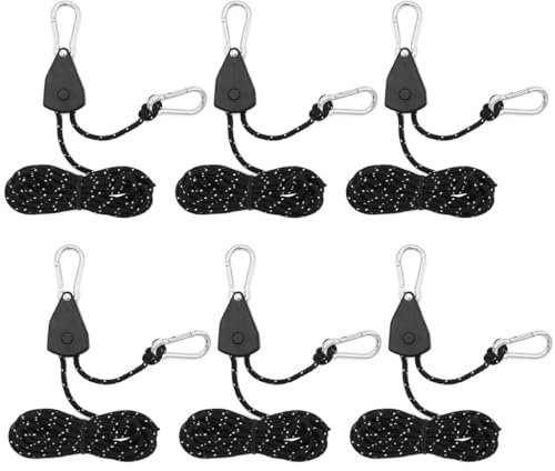 Kellegour 6 Pcs Reflektierend Abspannseile,Seil Ratsche Kleiderbügel Aufhänger,4mm Seil Ratsche mit Haken,Rope Seilratsche mit Haken,für Zelten,Ventilatoren,Pflanzenleuchten(Schwarz,13.12ft/4M)