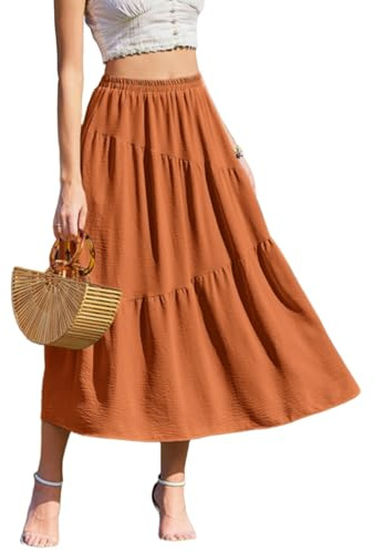 Zeagoo Señoras Maxi Falda Verano Faldita Larga con Bolsillos Cintura Elástica Madi-Falda Casual Flowy Playa Faldas Medieval Rojo Ladrillo XXL