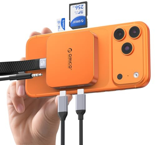 ORICO Ultra-Thin Magnetic SD Card Reader for iPhone 17/16/15 Series/iPad/MacBook, USB C Camera Adapter with SD/TF 3.0 Solt, 5Gbps USB-A, 3.5mm AUX, 100W PD Pass-Through