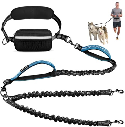 Uppetly Hands Free 2 Dog Running Leash with Waist Belt, Dual Handle Elastic Bungees Retractable Rope for Medium and Large Dogs, Reflective Stitches for Walking Hiking Biking (Large Blue, 25-120lb)