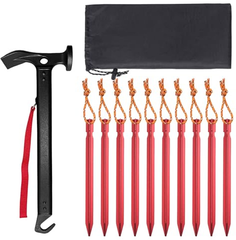 10 martelli da campeggio con 10 picchetti per tenda: robusto martello da campeggio in alluminio, facile da trasportare, multifunzionale, picchetti da tenda, per campeggio all'aperto