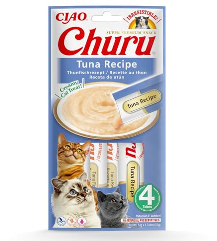 INABA Churu Cremige Katzen Leckerlies mit 30% Thunfisch, Hohe Feuchtigkeit, Nur 6 kcal pro Tube, Getreidefrei, Zuckerfrei, Kalorienarm, Premium Katzen Schleckies Cat Treats aus Japan 56 g (1er Pack)