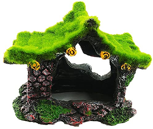 IBWell Aquarium Decoration House Resin Hollow Hideout House, Fish Tank Accessories Cave Ornament Tank Small Fish Hideaway with Moss
