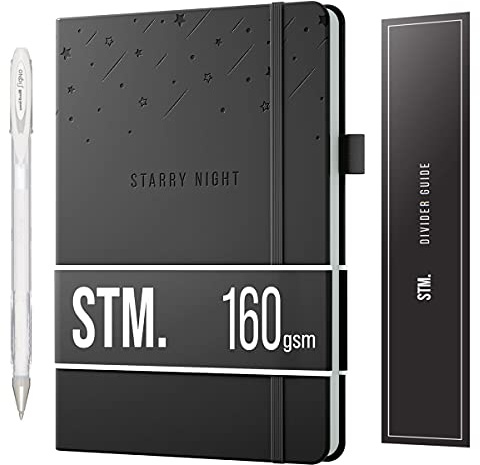 Scribbles That Matter Black Paper Bullet Dotted Journal Notebook | A5 Starry Night Free white gel pen | 160gsm Blackout no-bleed dot grid paper | For Men and Women | 5.75 x 8.5 in | Black