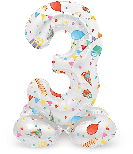 Folat 63963 Luftballon Geburtstag Stehender Ziffer Zahl 3 Joyful Party Weiß mit Geschenke und Dekoration 72 cm - Decoration Geburtstagdeko, Ballon Zahl, Kein Helium erforderlich