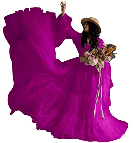 Sunnderly Lang Ärmel Tüll Robe Mutterschaft Kleid für Fotoshooting V-Ausschnitt Brautwäsche Baby Dusche Kleid Fuchsie Size 3XL