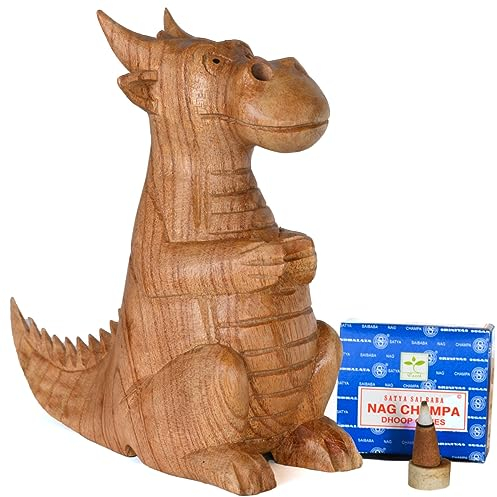 Bruciatore di incenso in legno intagliato a mano con 12 coni Nag Champa Insense – Drago fumante dalle narici