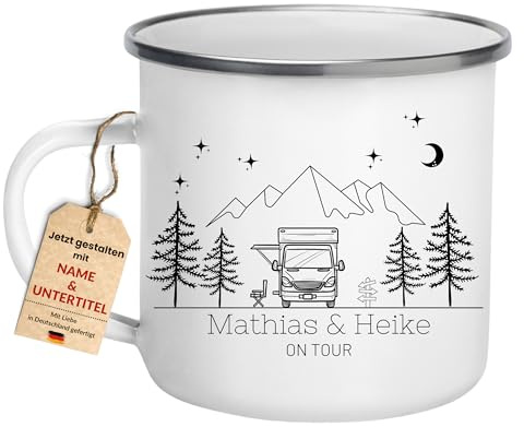 Little Mathilda Emaille Tasse Camping personalisiert mit Name Wohnmobil Tassen Camper Becher Edelstahl 330ml personalisiertes Geschenk für Camper Wohnwagen Camper Zubehör Camping Tasse Emaille