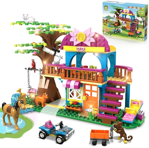 HOGOKIDS Baumhaus-Bausätze mit LED-Licht - Dschungel-Baumhaus-Bauspielzeug mit Auto Pferd Tieren Schaukel-Spielset 433 Teile Waldhaus-Baukasten Geburtstagsgeschenk für Kinder Alter von 6-12 Jahren
