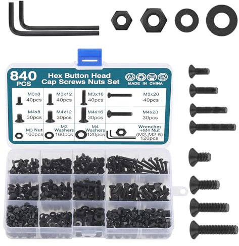 HSEAMALL 840pcs Hexagon Bolt and Nut Assortment Kit with Screws, Washers and Hex Keys,M3 M4 10.9 Grade Alloy Steel Countersunk Hex Socket Screw