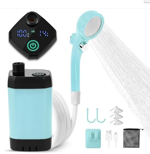 WADEO Tragbare Campingdusche Akku mit Pumpe, Camping Dusche mit wiederaufladbarem 6000-mAh-Akku und doppelter Digitalanzeige, Mobile Duschen mit Duschkopf, für Camping Reisen Garten (Blau, Typ C)