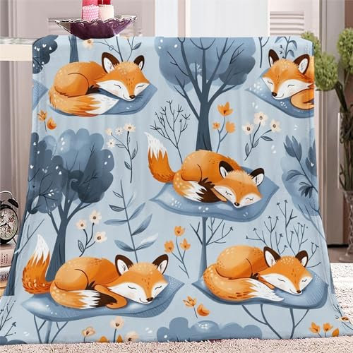 Weiche Kuscheldecke, Flauschige Flanell Warmes Wohndecke 130x150cm, Cartoon-Tier-Fuchs-Thema Sofadecke Waschbar Tagesdecke, Multi Flauschdecke Für Kinder Jungen Erwachsene