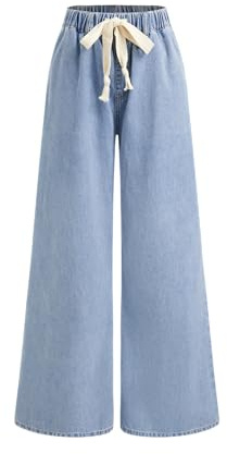 CIDER Drawstring Wide Leg Jeans for Women High Waisted Baggy Jeans Pants with Pockets: Sky Blue, M