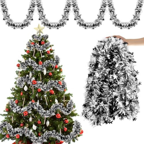 Aitsite 10M/Pack of 5 Lametta Weihnachtsbaum, Lametta Schwarz und Weiß Schneeflocke Weihnachtsdeko Weihnachtsbaum Girlande Weihnachten deko Party Weihnachtsfeier Weihnachtsdekoration Hängende