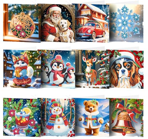 Toyhood 12 st julkort, 5D gör-det-själv diamantmålning jul gratulationskort kit diamantkonst julkort full borr handgjorda gratulationskort för nyår Thanksgiving jul (stil-B)