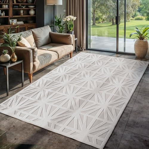 Carpettex Indoor Outdoor Teppich wetterfest 160x230 cm, 3D Optik, Rauten Design, waschbar, wetterbeständiges, Natur Creme Farbe, Wohnzimmer, Schlafzimmer, Terrassenteppich