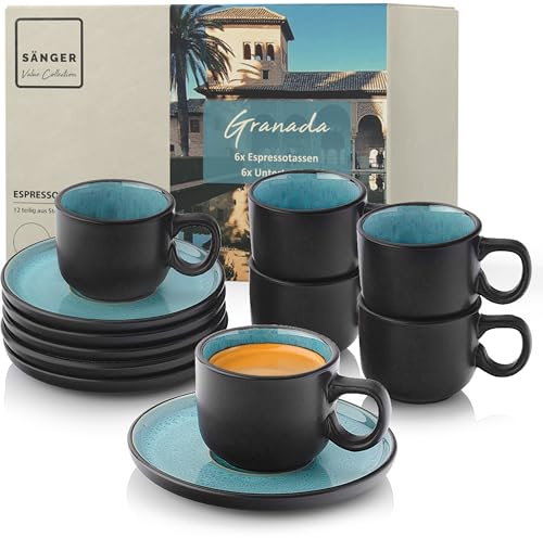 Sänger Granada - Value Collection - Lot de 12 tasses à expresso en faïence - Pour 6 personnes - Passe au lave-vaisselle et au micro-ondes - Bleu avec bord noir - 80 ml