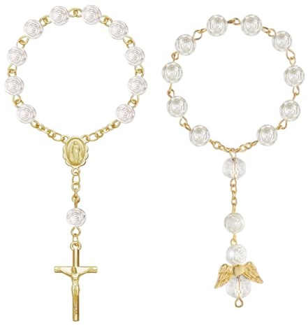 UEIOAVL Car Interior Mirrors, 2 Stück Auto-Rückspiegel-Rosenkranz-Kreuz-Anhänger Flügel-Anhänger Perle Auto-Hängezubehör Auto-Innendekoration für Männer und Frauen (Gold)