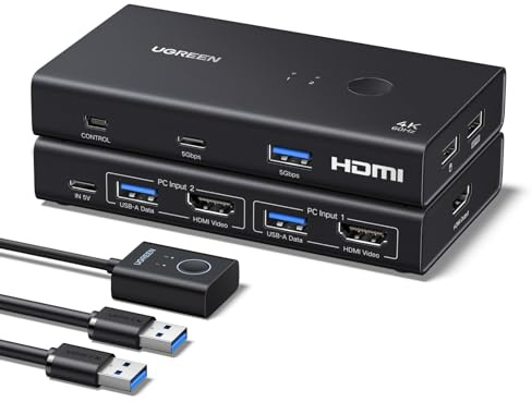 UGREEN Switch KVM HDMI 2.0 2 Entradas 1 Salidas 4K 60 Hz Conmutador KVM para 2 pc con 4 puertos USB 3.0 5Gbps para Teclado Ratón Disco Duro Controlador de Escritorio compatible con Windows Linux macOS