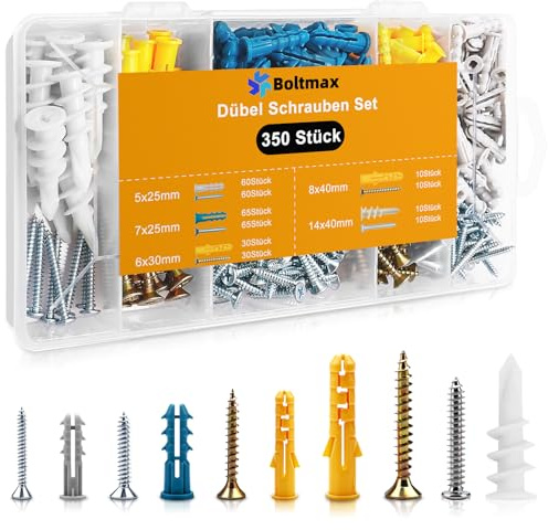 Boltmax 350 Stück Dübel Schrauben Set, Dübel Set, Rigipsdübel mit Schrauben, Trockenbau Dübel in verschiedenen Größen, Hohlraumdübel für verschiedene Wandmaterialien wie Beton, Ziegeln und Gipskarton