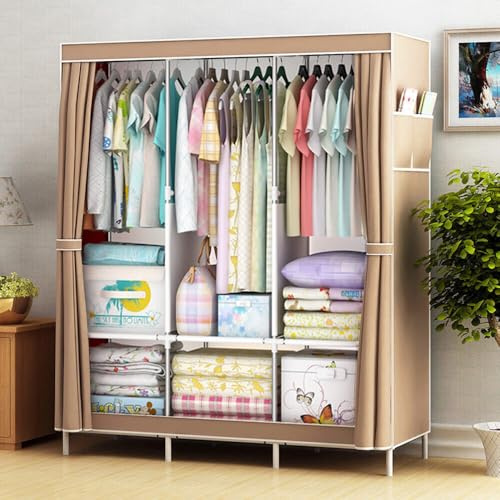 Clothes Wardrobe, Versatile Portable Wardrobes with 3 Storage areas & 3 Hanging Rai 2 Side Bags, 130 x 45 x 167 cm Temporary wardrobe, Great Fabric wardrobes for bedroom, Living Room (Coffee)