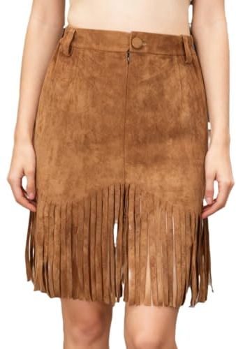 Apocrypha Womens Western Cowgirl Boho Fringe Faux Suede Skirts Trendy Casual Hippie Mini Country Concert Skirt Brown