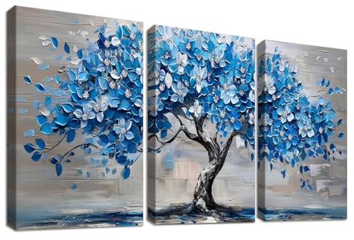 3 Pcs Wooden Framed Canvas Wall Art Set Blue Flower Tree Painting on Canvas Prints Poster Tree of Life Pictures for Living Room Bedroom Wall Decor Navy Blue Neutral Aesthetic Artwork 30x40 cm x3