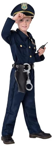 - Disfraz para niños – S-XL – Disfraz de carnaval | Disfraz de poli – Uniforme de poliéster de 7 piezas que incluye camisa, pantalones, sombrero, cinturón, juguete, esposas, silbato e identificación