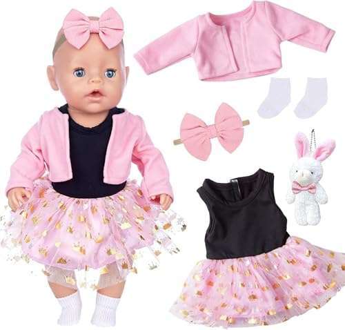 Vêtement Poupée 5 Pièces, Ensemble Mignon avec Robe en Tulle Rose, Manteau, Chaussettes et Bandeau, pour Poupées 35 à 43 cm, Cadeau Fille, Jeu de Rôle, Anniversaire