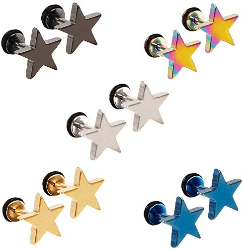 Epoch World 5 Paare 8MM Edelstahl Ohrstecker Set Ohrringe für Herren Damen Mädchen Fake Plugs Piercing Ohr Tunnel Schwarz Gold Ohrringe Stern Silber Ohrstecker Männer Titan Stecker