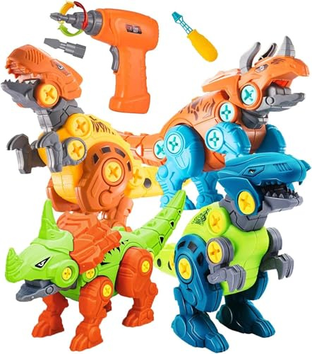 STAY GENT Dinosauri Giocattolo per Bambini con Trapano Elettrico, 4 Confezioni DIY Educativo STEM Giocattolo Giocattoli Costruzione con Cacciaviti per 3 4 5 6 7 Anni Regali Natale Ragazzi Ragazze