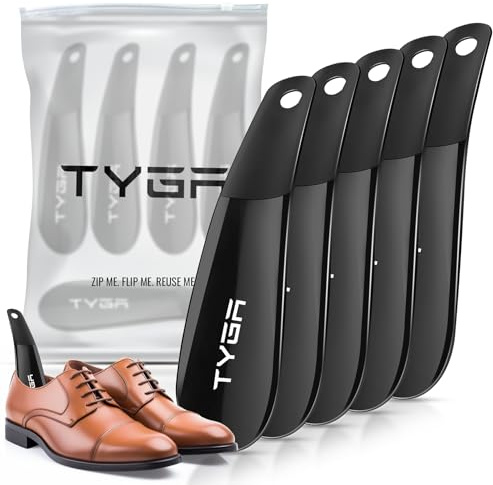 TYGA STORE | 5 x Black Shoe Horns, Universal - Suitable For All Shoes, Heels, Boots & Trainers - Prevent Creases on Spine/Counter - Easily Slip In Your Feet. (For Men, Women & Children) (Pack of 5) | Compact 16cm plastic shoe horns for shoes, heels, boots and trainers, helping guide feet into footwear with ease.