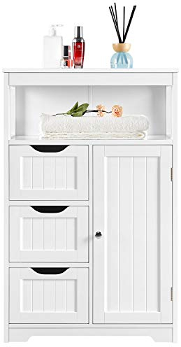 Yaheetech Bathroom Storage Units with Open Storage Shelf Free-standing Floor Cabinets Sideboard with 3 Drawers and 1 Door, Adjustable Shelf for Living Room Kitchen Entryway White