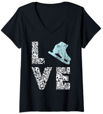Damen Eiskunstlauf Love Schlittschuh Eiskunstläufer Eislaufen T-Shirt mit V-Ausschnitt