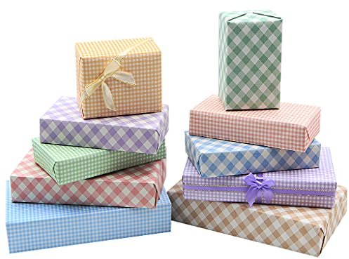 Lot de 10 feuilles de papier cadeau classique à carreaux - Papier kraft blanc avec motif à carreaux - 50 x 70 cm par feuille - Pour famille, amis, enfants, anniversaire, mariage, baby shower -