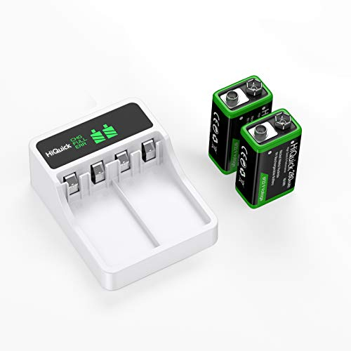 HiQuick 9V Akku mit Ladegerät Set - LCD 9 Volt Batterieladegerät mit 2 X 280mAh 9V Akkus, Ladegerät für wiederaufladare Blockbatterien, Li-ion NI-MH Akku-Ladegerät für 9V Block Akkus