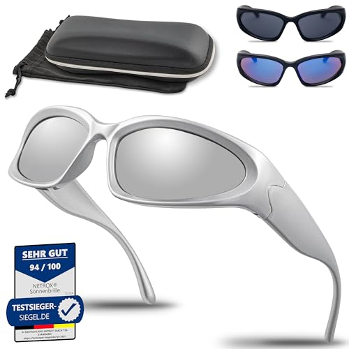 Netrox Sonnenbrille - Sportbrille mit ETUI und Mikrofaser Beutel - Sonnenbrillen verspiegeltem Glas in drei Farben UV400 Schutz - Schnelle Rave Techno Sport Brille - Damen und Herren - Silber