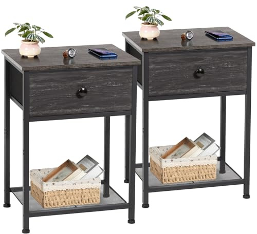 AMHANCIBLE Nachttisch 2er Set, Beistelltisch mit Stoffschubladen, Nachtkommode mit 2 Ablagen, Nachtschrank für Schlafzimmer, Wohnzimmer, Industriestil, 40 x 30 x 55 cm (Dunkelgrau)
