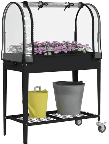 Outsunny Jardinière surélevée Potager avec bâche Transparente, Mini Serre de Jardin, 2 roulettes et 1 étagère inférieure pour légumes, Fleurs, Potager, dim. 80L x 40l x 120H cm, Noir