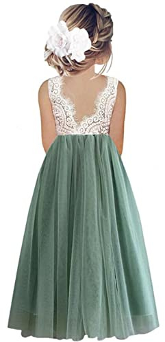 Beganly Toddler Girls Elegant Lace Straight Maxi Tulle Party Dresses V Back Flower Girl Dress Sleeveless Sage Green 4T