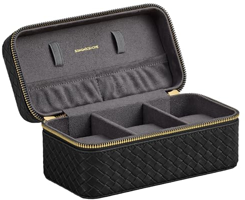SONGMICS HOME Collezione RONNE - Porta Orologi da Viaggio, Scatola per 3 Orologi, PU con Intrecciatura Goffrata, 10 x 20 x 9 cm, Regalo, Esterno Nero Inchiostro, Interno Grigio Ardesia JWB017G01