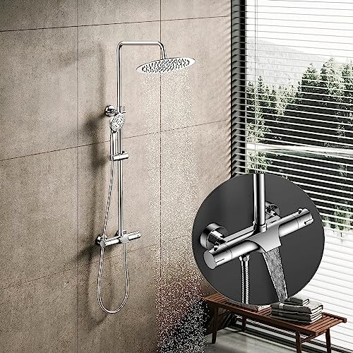 KOMIRO Duschsystem mit thermostat, Duschset (Duscharmatur,Regendusche Überkopfbrause 25cm,Handbrause mit 3 Strahlarten, Edelstahl-Verstellbar-Duschstange) dusch für Bad